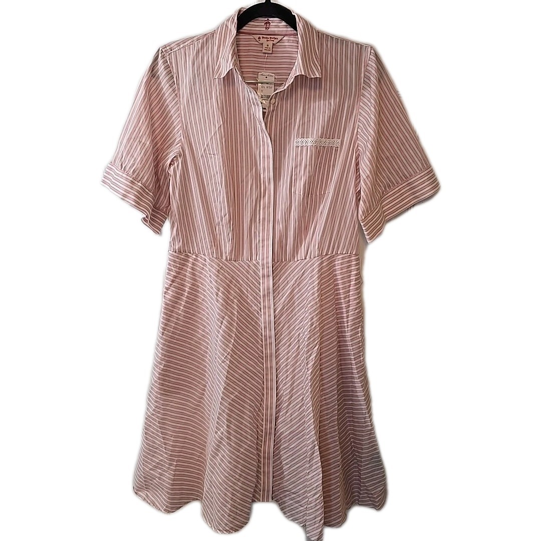 Brooks Brothers Pink White Striped Poplin Elbow Sleeve Shirt Dress Size 10