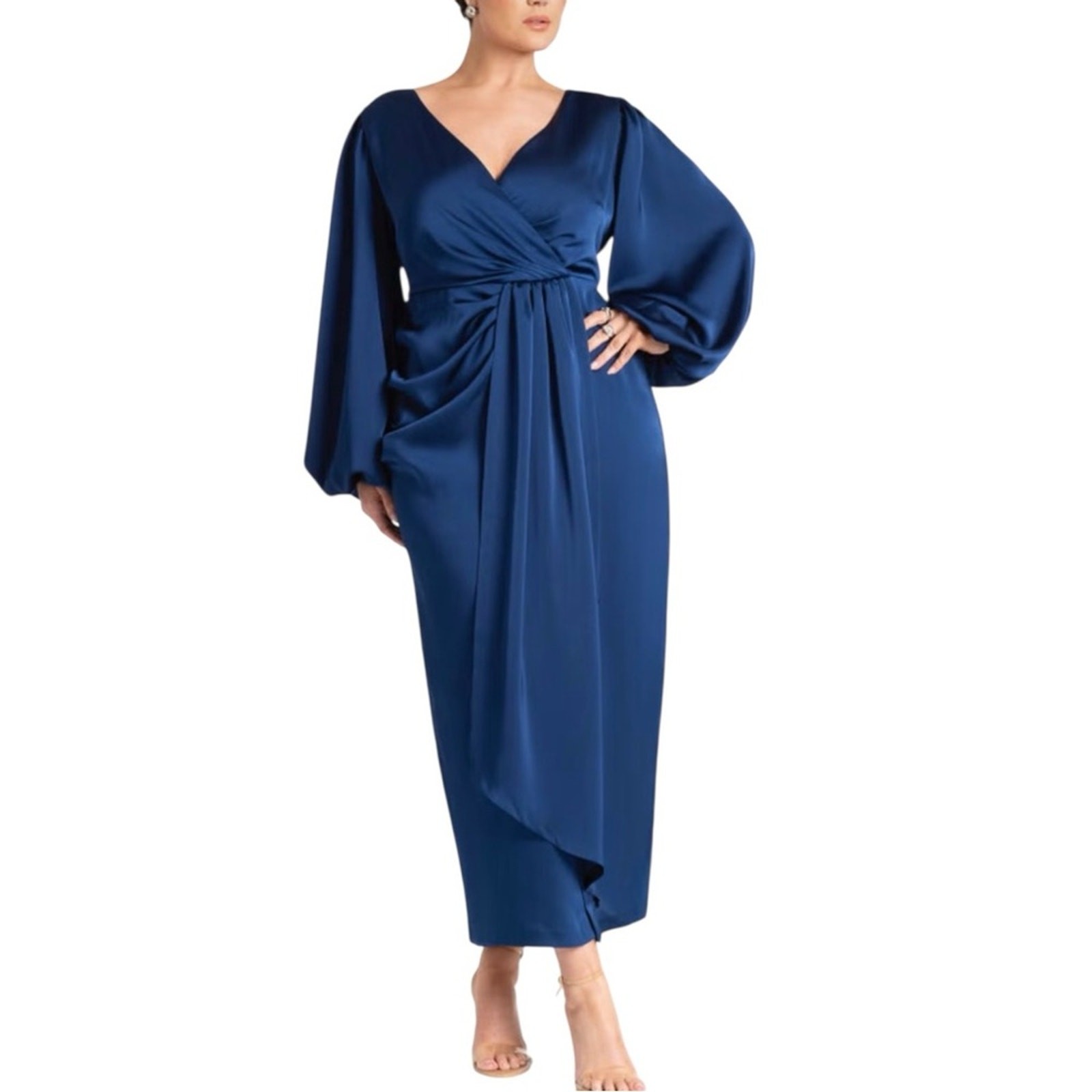 NWT Eloquii Satin Long Puff Sleeve Pleated Draped Maxi Dress 26 in Estate Blue