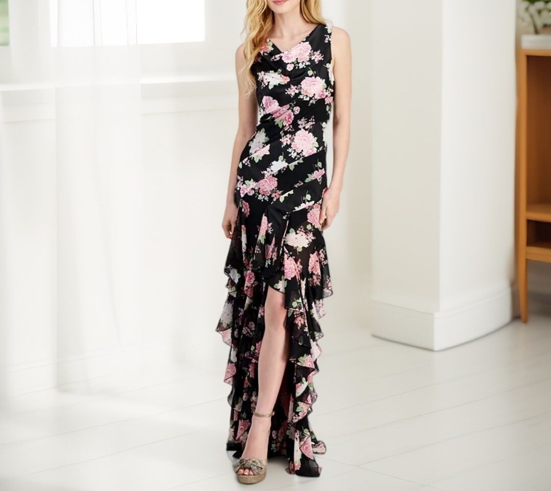 City Studios Womens Juniors Pull On Ruffled Floral Maxi Dress Black Pink NWT