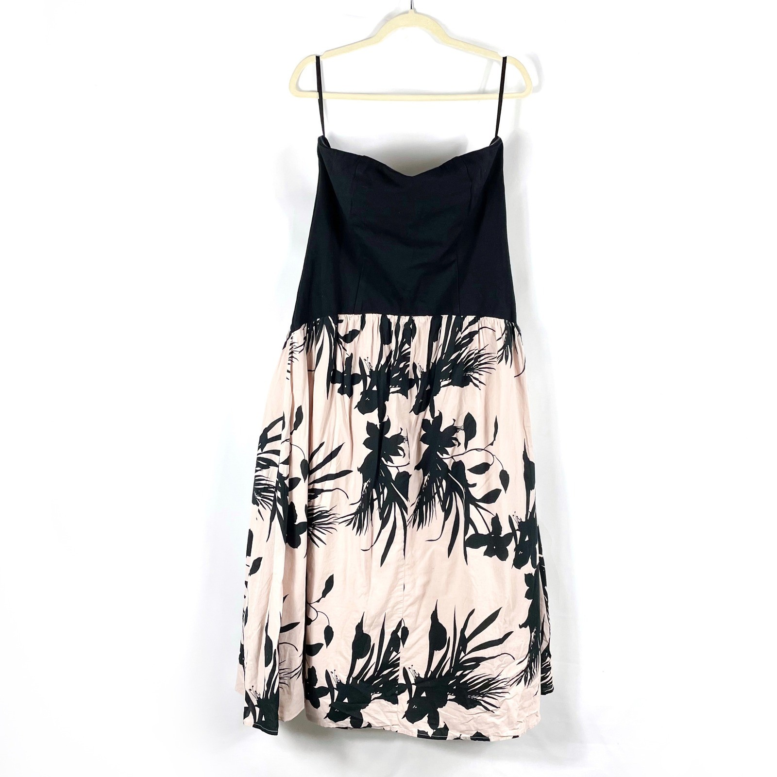 Love, Whit Strapless Drop Waist Dress Black Pink Floral Print Midi Sz XL