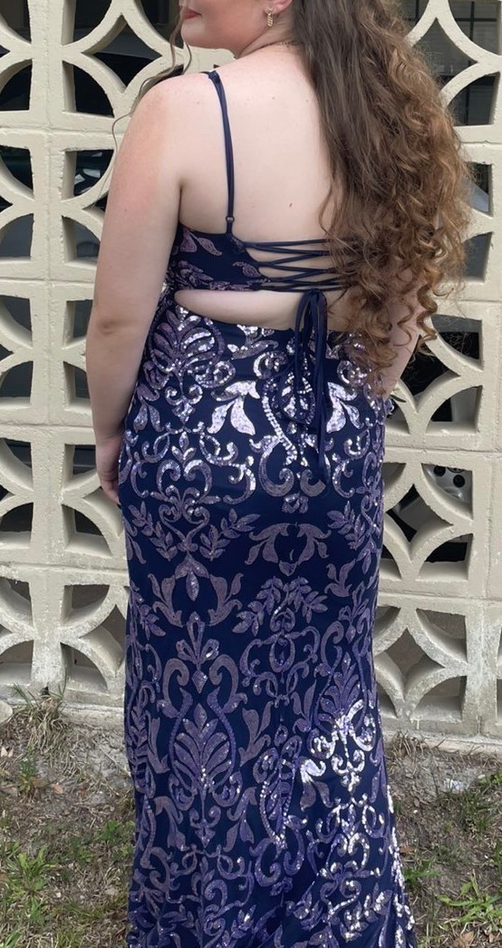 Women’s Navy/Silver Sequin Floral Maxi Ball Gown Dress Size 8 Backless Slit