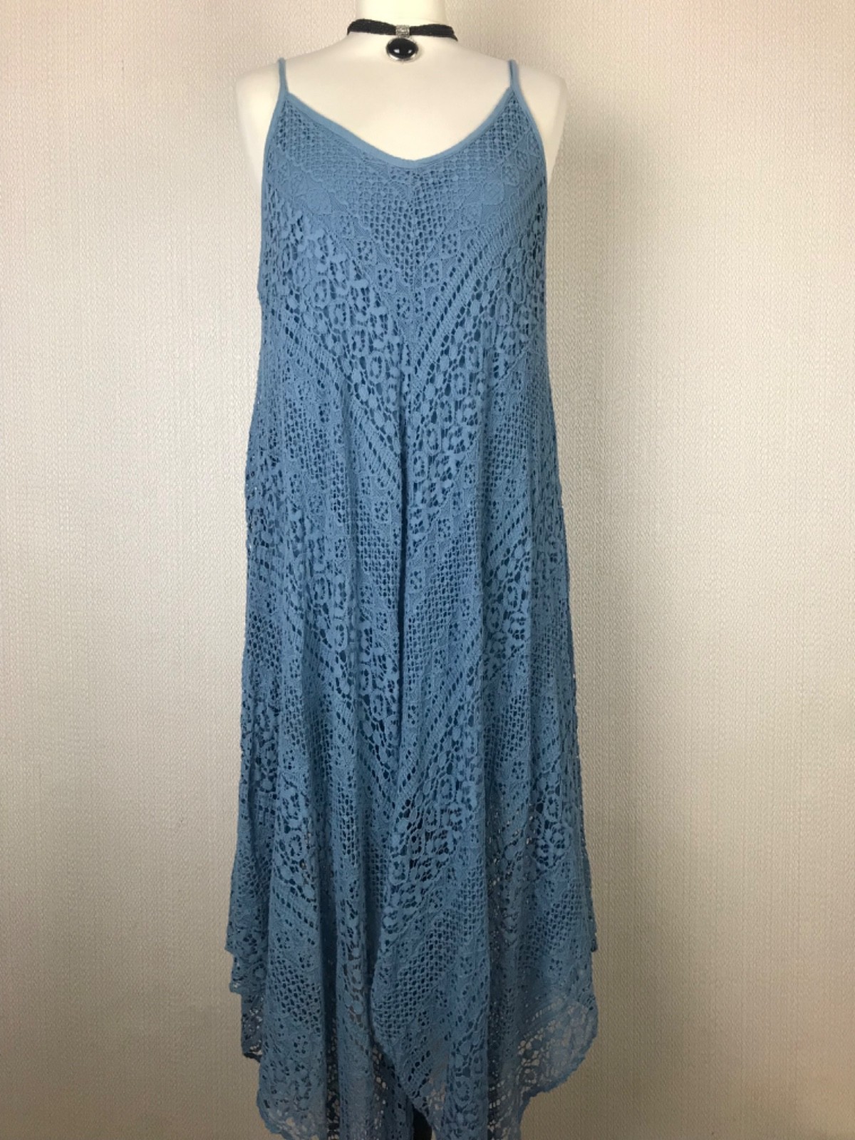 MADE IN ITALY Hanky Hem Dress Blue Full Lace Lagenlook Boho Cottagecore Holiday