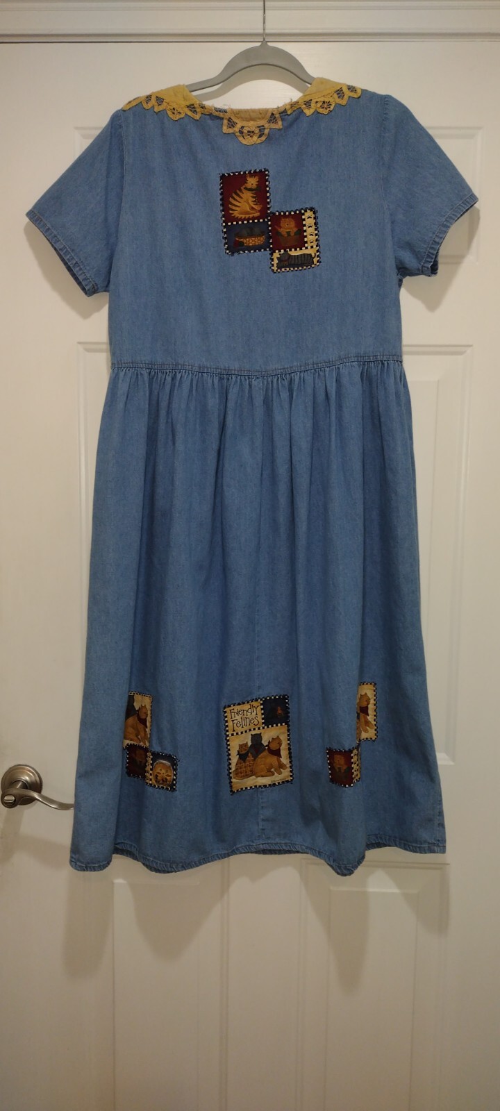 Vintage California Gold Rush Denim Midi Feline Cottage County Dress Size Medium