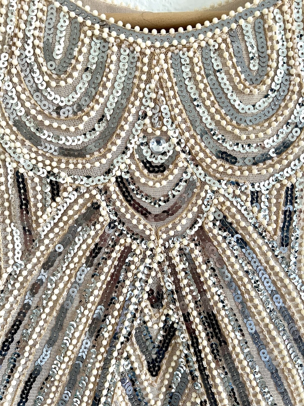 Womens Beige Beaded Sequin Fringe Mesh Sheath Cap Sleeve Zip Dress Size L