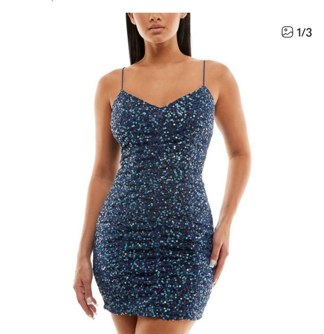 Speechless Sequin Ruched Bodycon Mini Dress Women’s L Blue Formal Party Prom NEW
