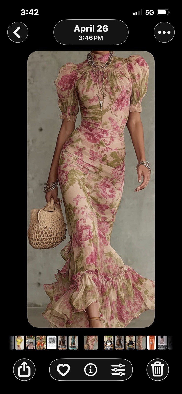 Womens Floral Maxi Dress M Beige Pink Green Puff Short Sleeve High Neck Ruffle