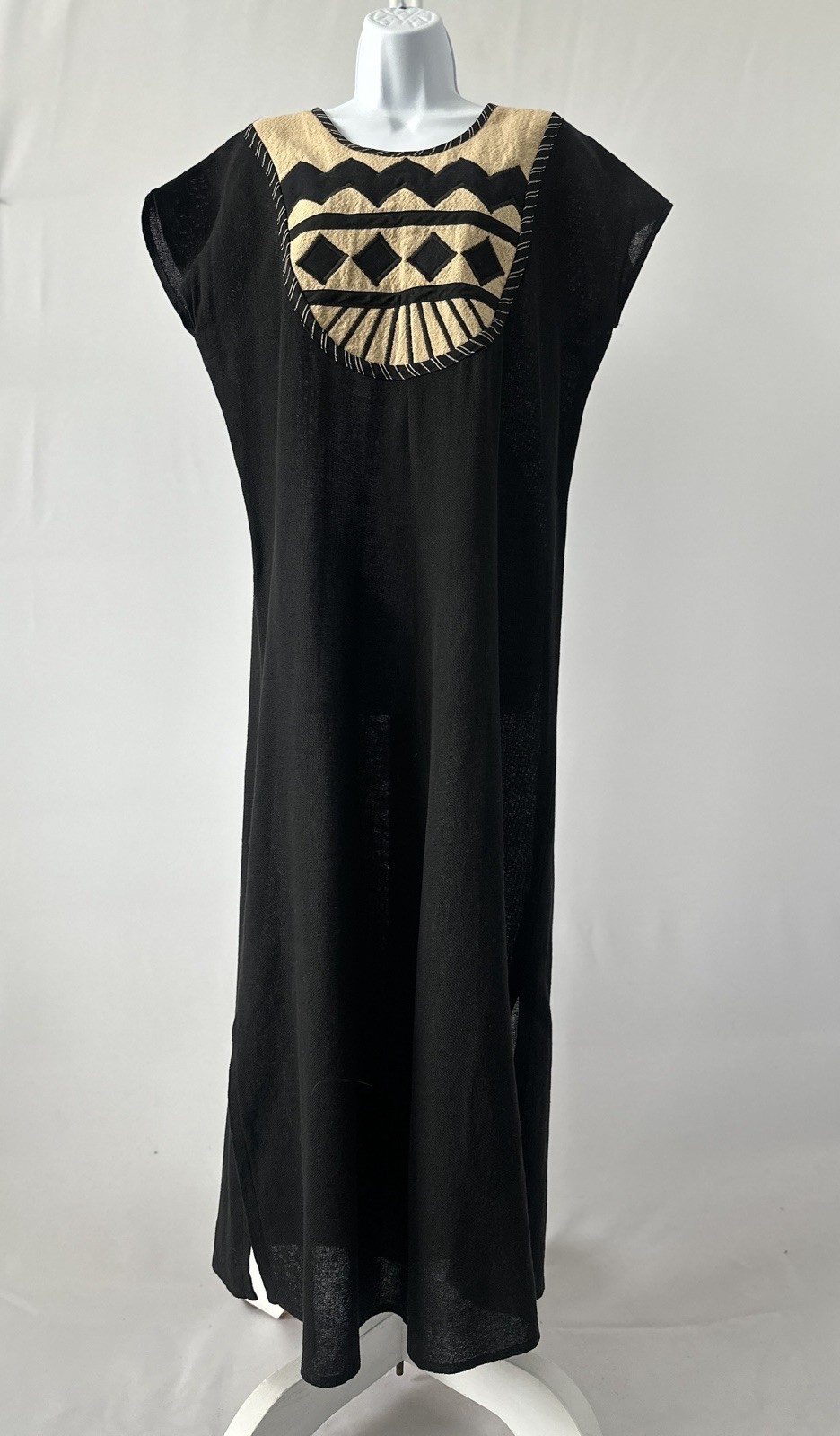 VTG 80s Victor Rojo Mexico Black Kaftan Hand Embroidered Maxi Dress (b40)