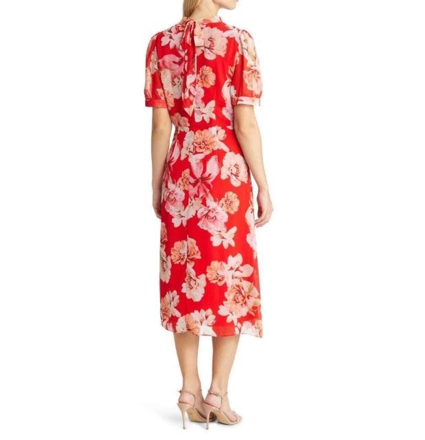 Julia Jordan Floral Print Puff Sleeve Mock Neck Midi Dress Size 12 Red Multi NWT