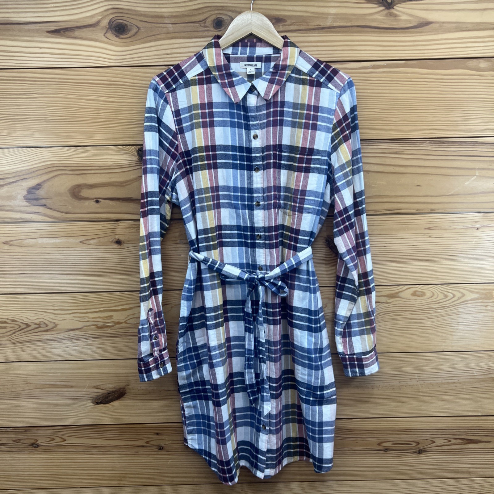 Goodthreads Dress Womens Large Flannel Plaid Shirtdress Collared Red Yellow B109
