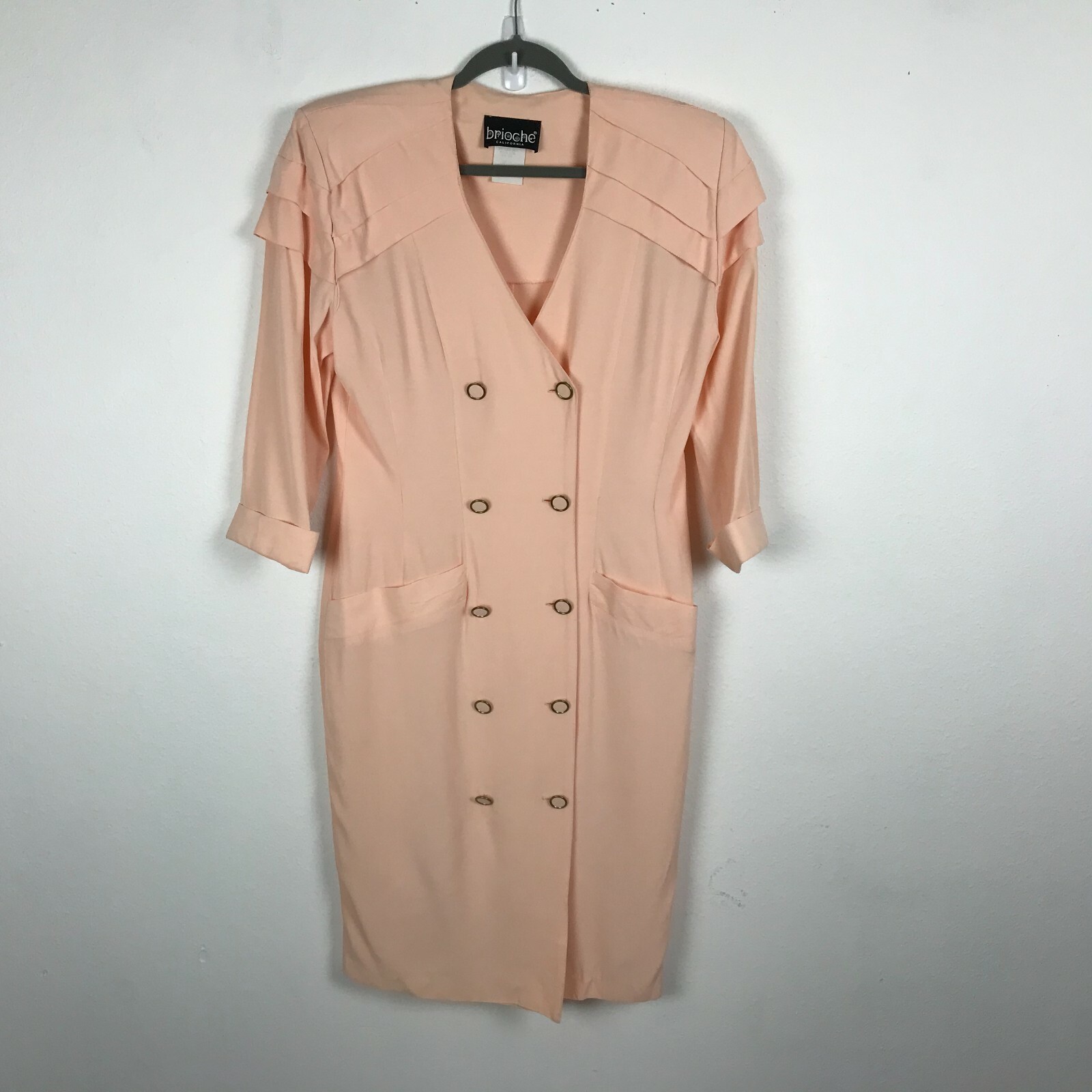 Vintage 1980s Brioche Sheath Dress Size L Peach 3/4 Sleeve Acetate Blend