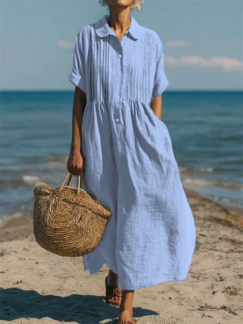 Ladies Loose Pleated💐Linen Cotton Pocket Summer Beach Baggy Kaftan Long Dress
