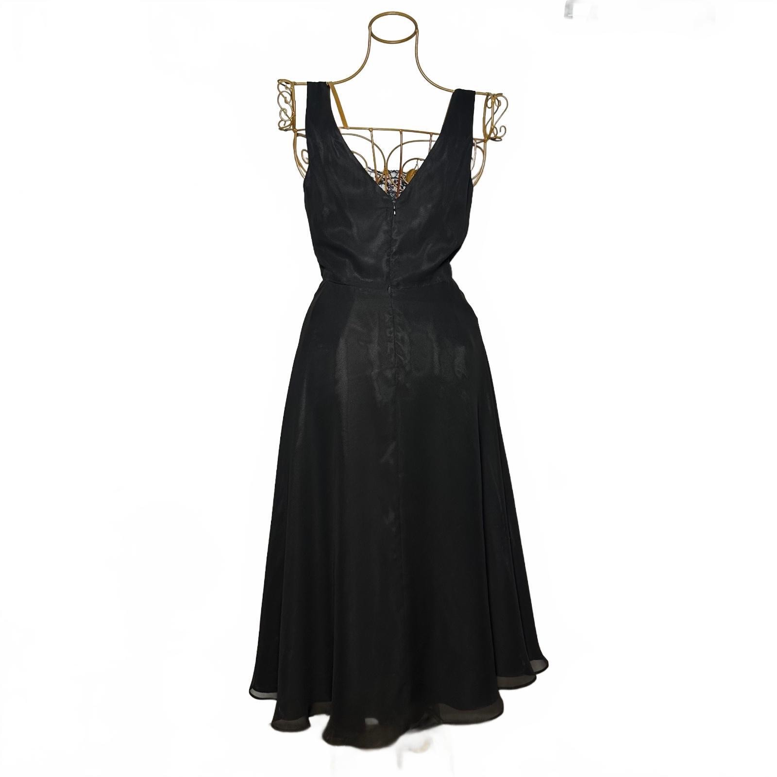 JS Boutique Black Chiffon Cowl Neck Midi Cocktail Dress Beaded Lace Size 4