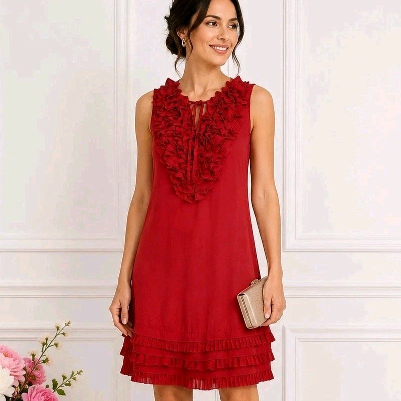 Ted Baker Red Ruffle Shift Dress Size 4 UK 12 14 Floaty Occasion Party