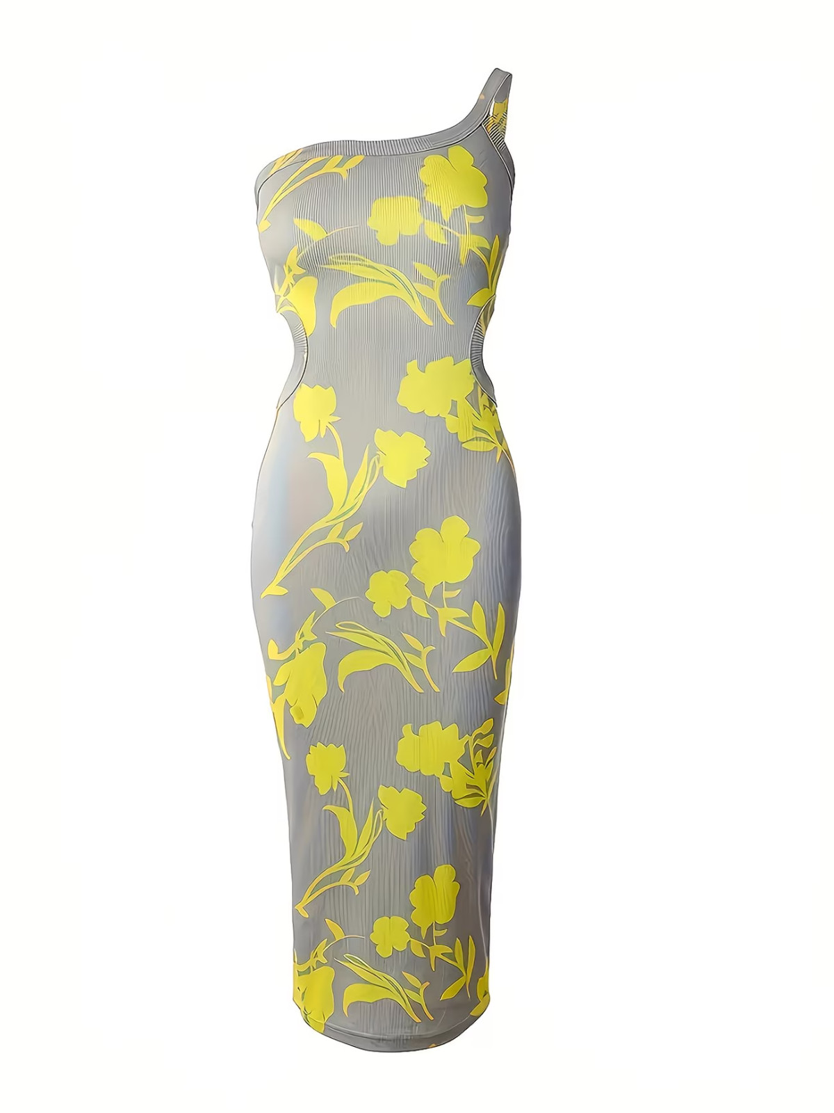 Medium. Midi Elegant Yellow & Grey, 1-Shoulder, Gorgeous Cutout Bodycon Dress