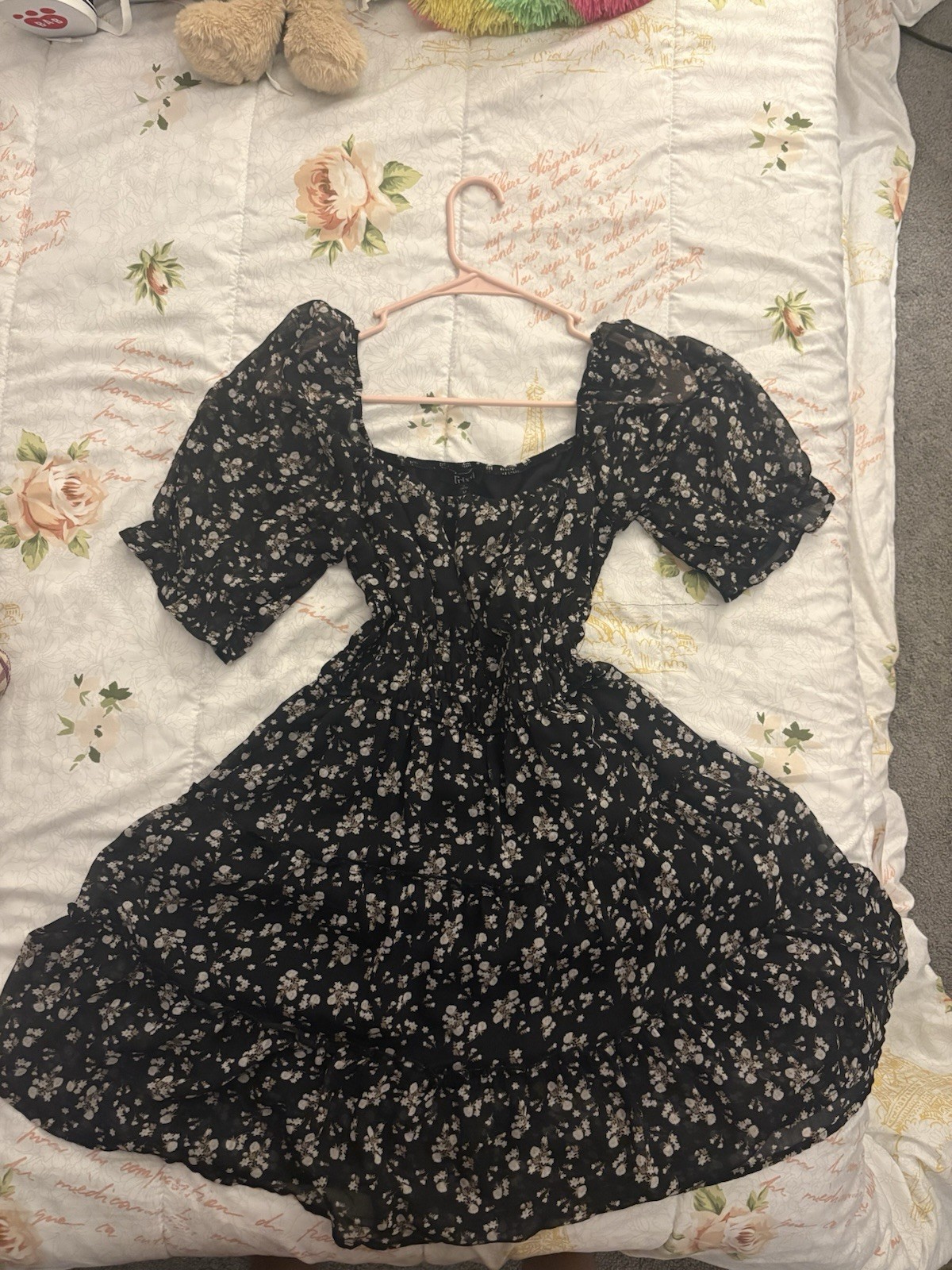 Black & White Floral Midi Dress Square Neck Puff Sleeve Smocked Polyester Size M