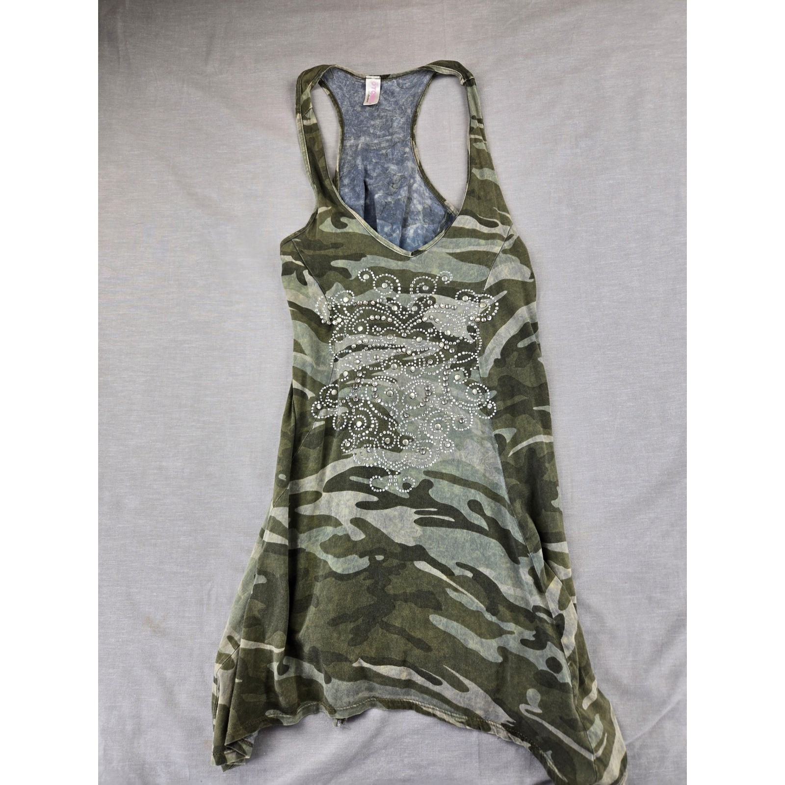 Otomix Womens Camo Rhinestone Handkerchief Hem Racerback Tank Dress Green Size M