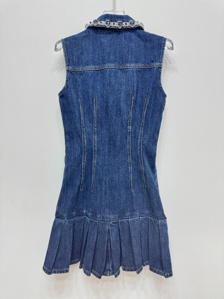 Self-Portrait rhinestone lapel sleeveless single-breasted bouffant Denim dress
