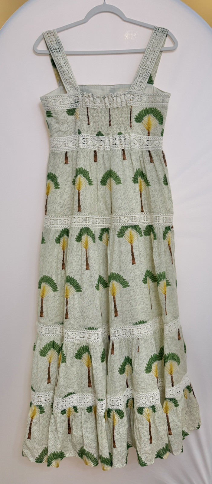 Calypso St Barth Summer Maxi Dress with Crocheted Tiered Smock Ruffle Tropical