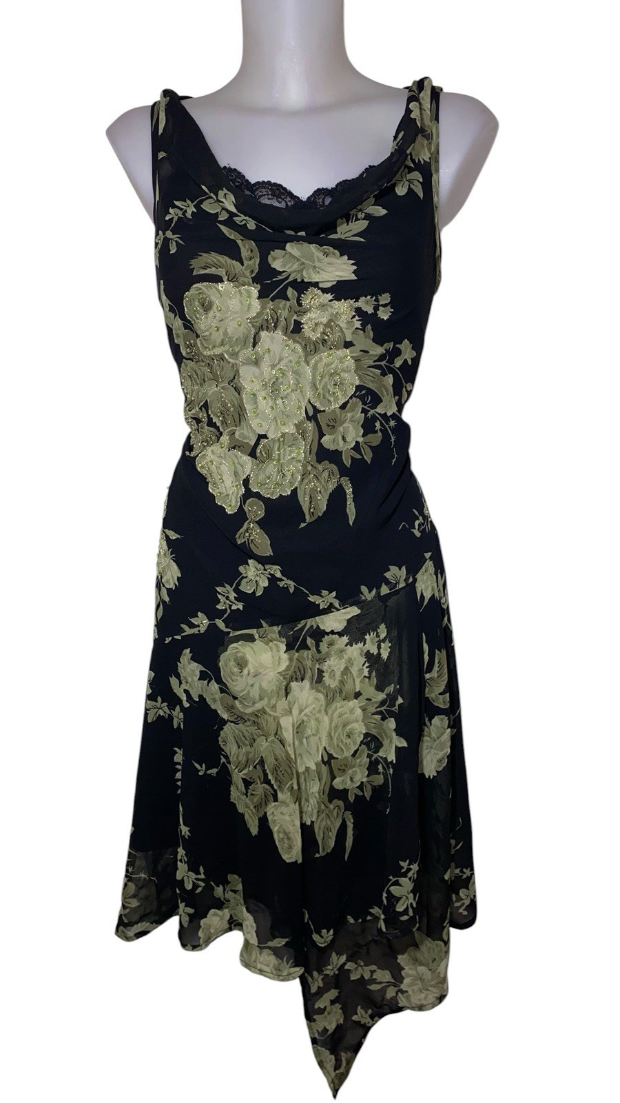 Vtg Womens Black Floral Asymmetrical Grunge Witchy Fairy Whimsigoth Dress Sz M