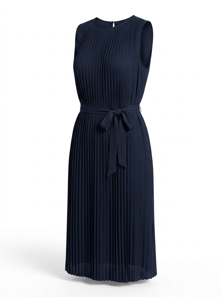 BananaRepublic Pleated Sleeveless Dress M Black Accordion Midi Quiet Luxury Belt