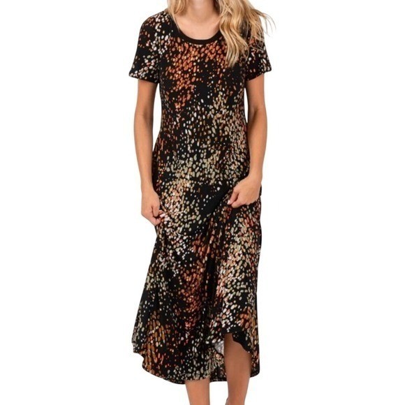 Short Sleeve T Shirt Midi Dress Womens Large Brown With Dots Retro Relaxed NWOT