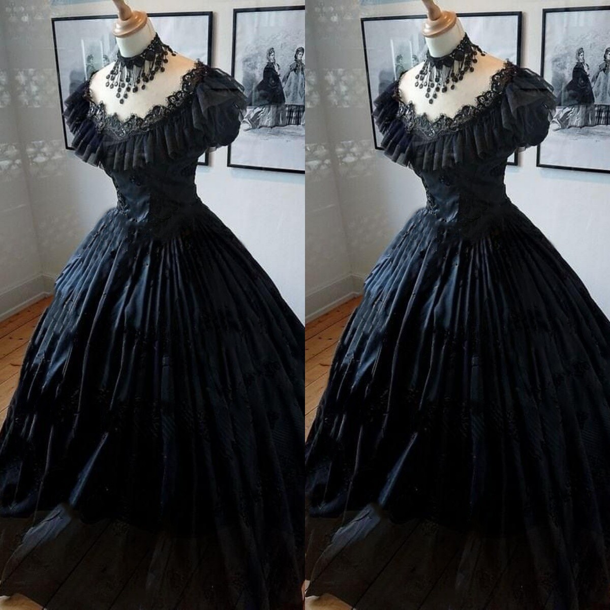 Vintage Prom Dress Gothic Victorian 1950s Black Satin Birthday Party Prom Gowns