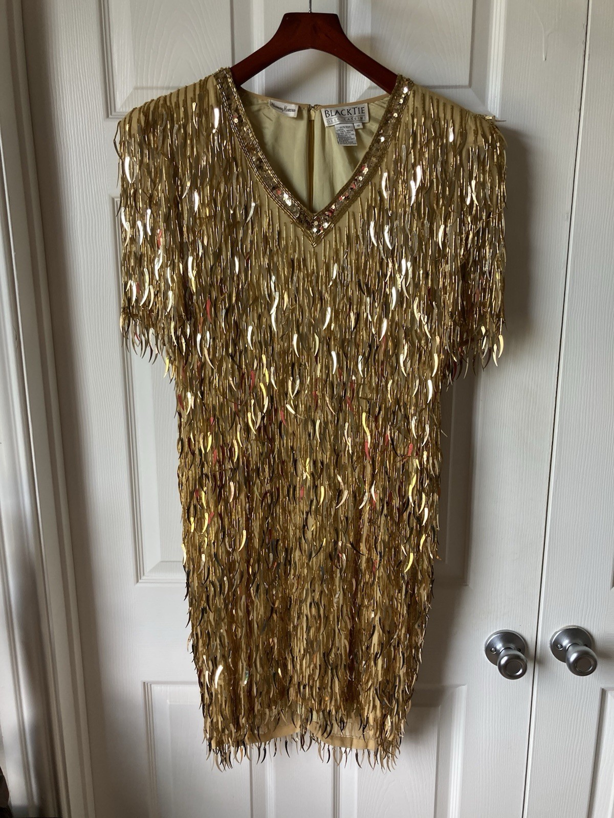 Oleg Cassini Blacktie Gold Sequin Vintage Beaded Dress 10 100% Silk