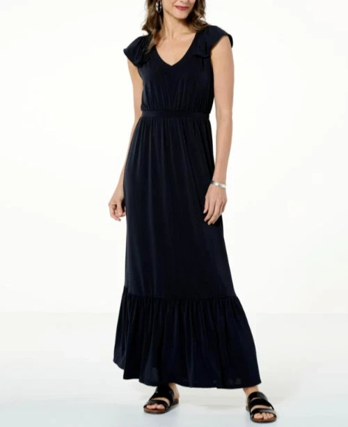 IMAN Global Chic Drapey Knit Tiered Maxi Dress Black Size 1X Petite