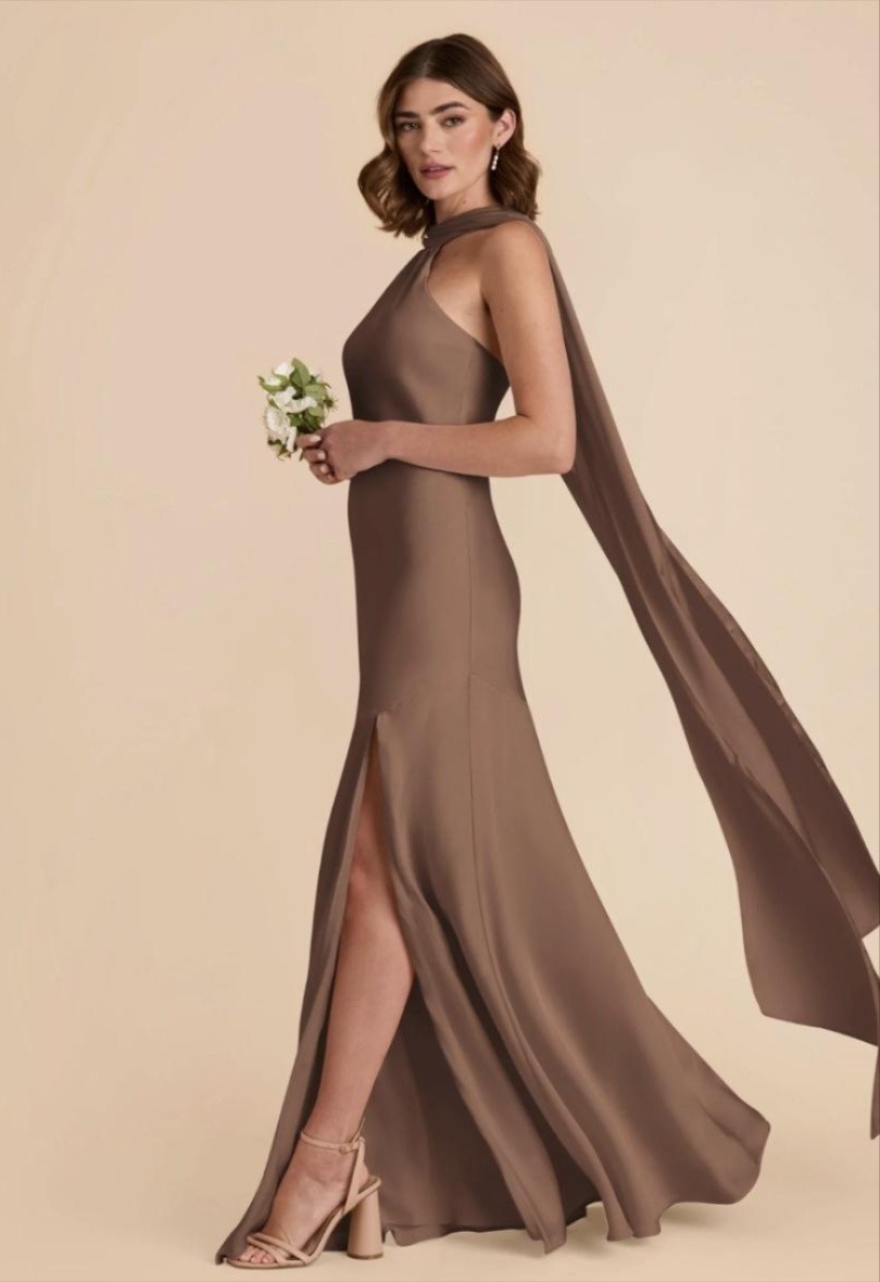 Birdy Grey Dress Womens Medium Brown Halter Satin Maxi Side Slit Bridesmaid