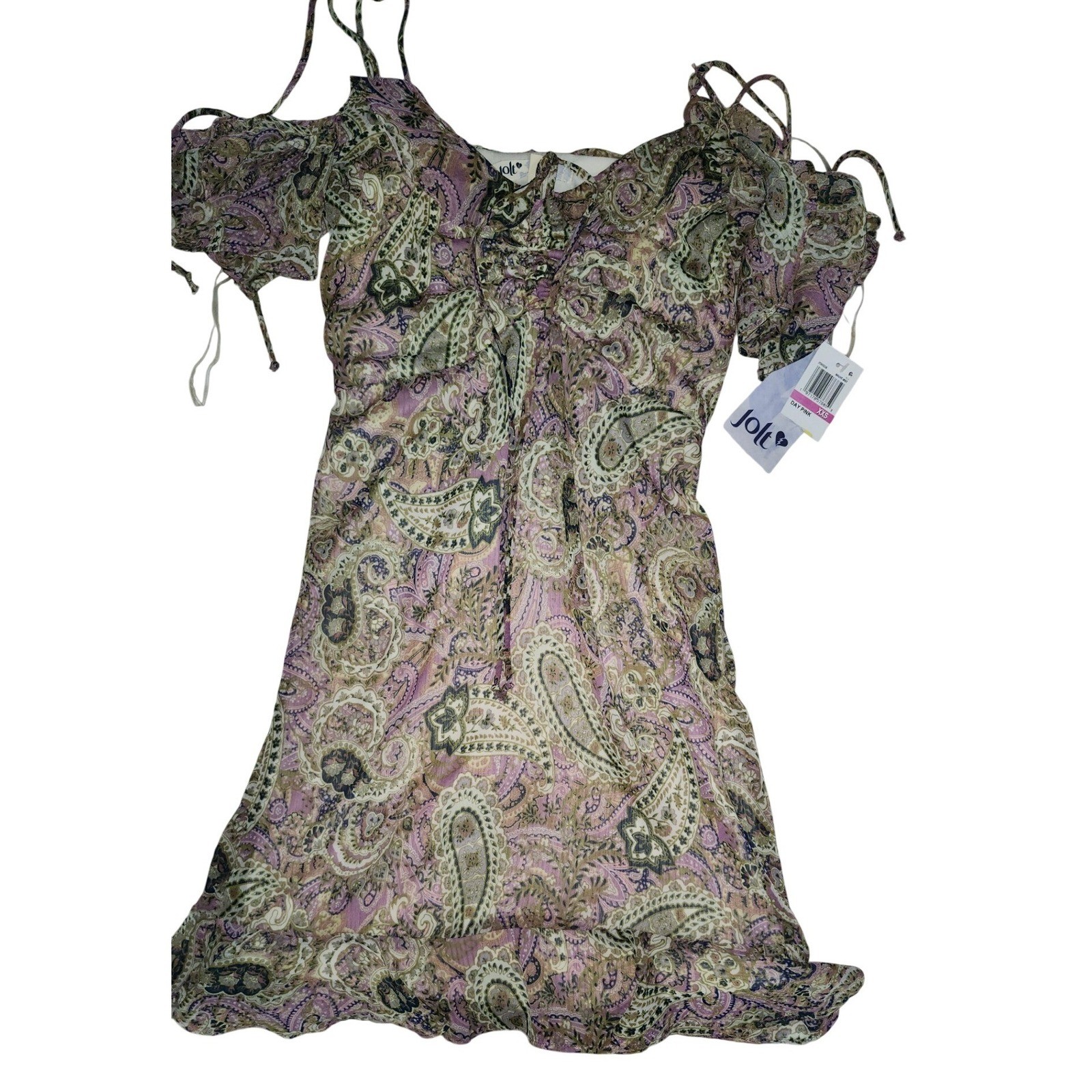 Jolt Day Pink Mauve Mist Paisley Cold Shoulder Lace Up Dress XXS