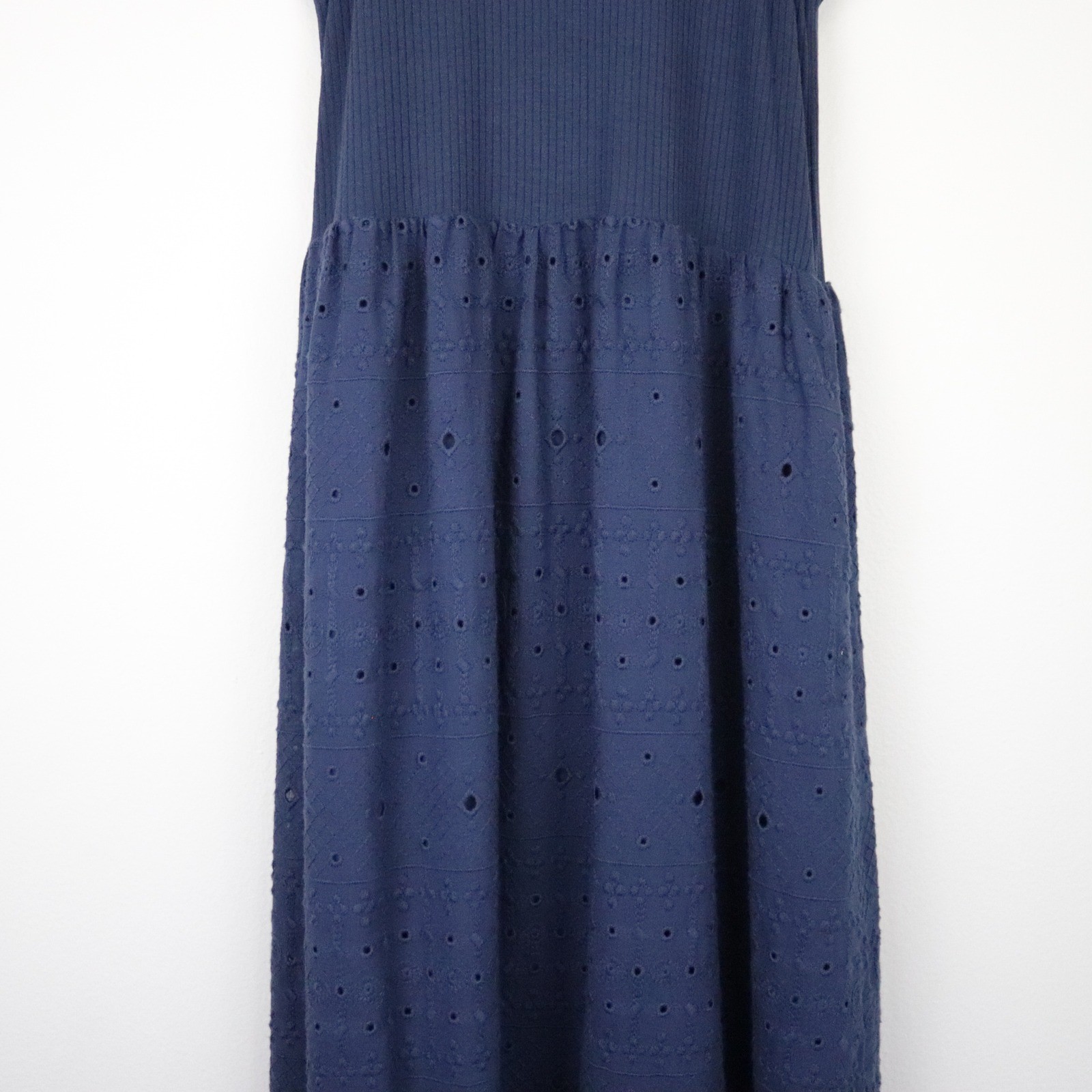 Desigual Long Embroidered Combination Dress Small Navy Blue Maxi Eyelet