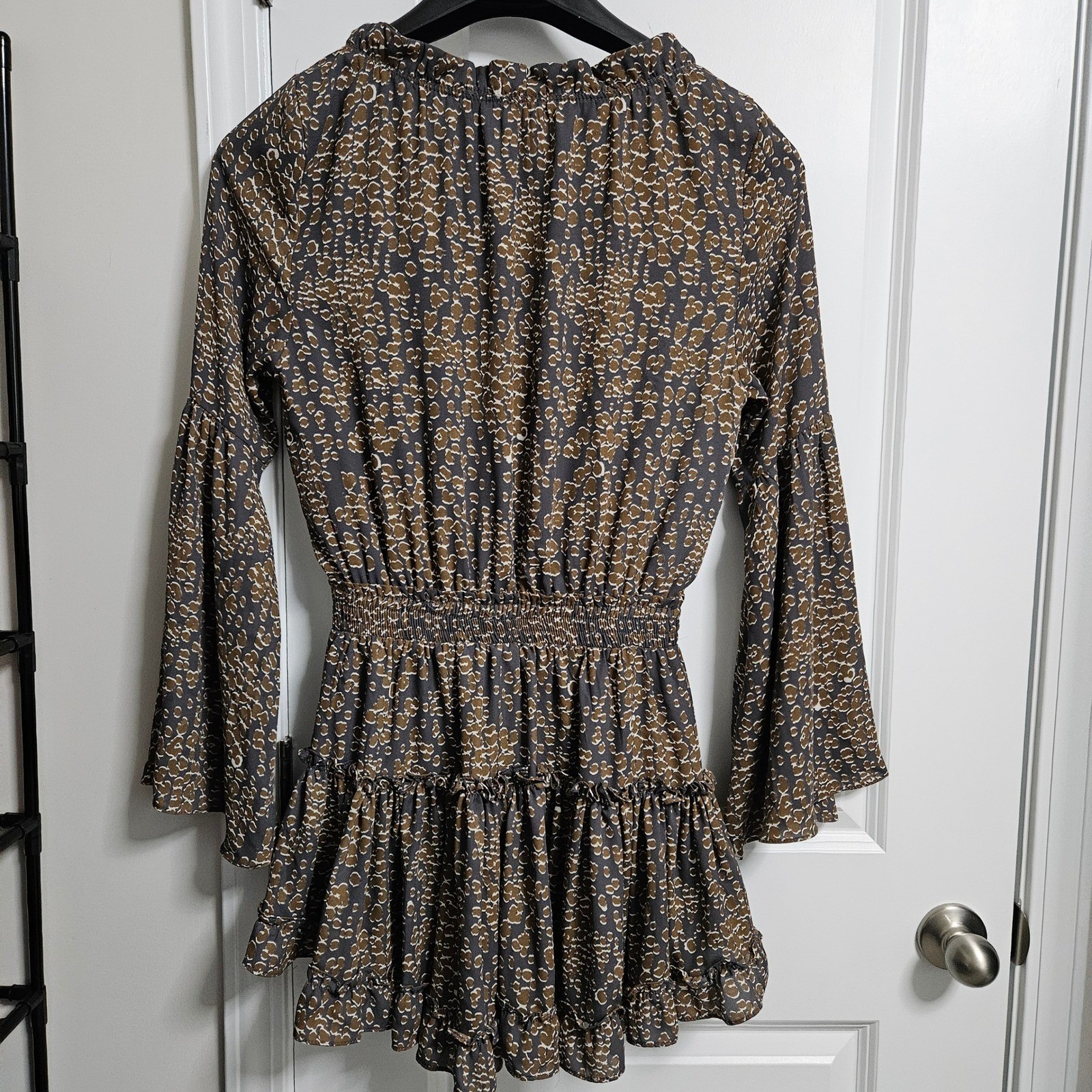 Buddy Love Romper Women Small Grey Brown Animal Print Bell Sleeve Smocked Ruffle