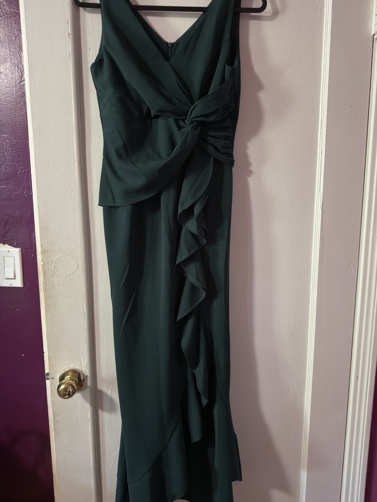 Dark Green Solid Maxi Dress V-Neck Sleeveless Ruffle Ruched Long Size L
