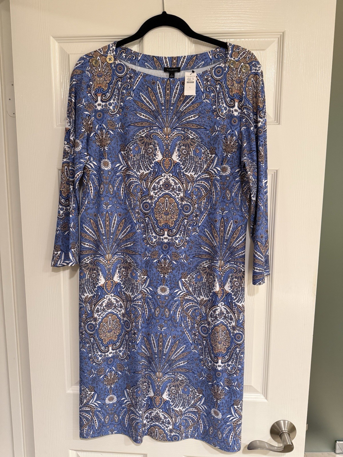Talbots Blue Brown Paisley Shift Dress 3/4 Sleeve Boat Neck Button Accent L