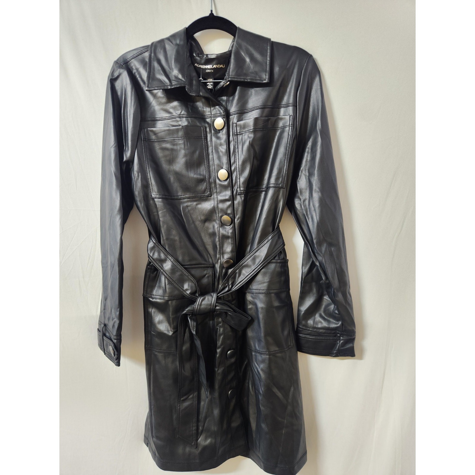 Adrienne Landau Onyx Faux Leather Shirt Dress Black Belt Button Front Sz SM NWT