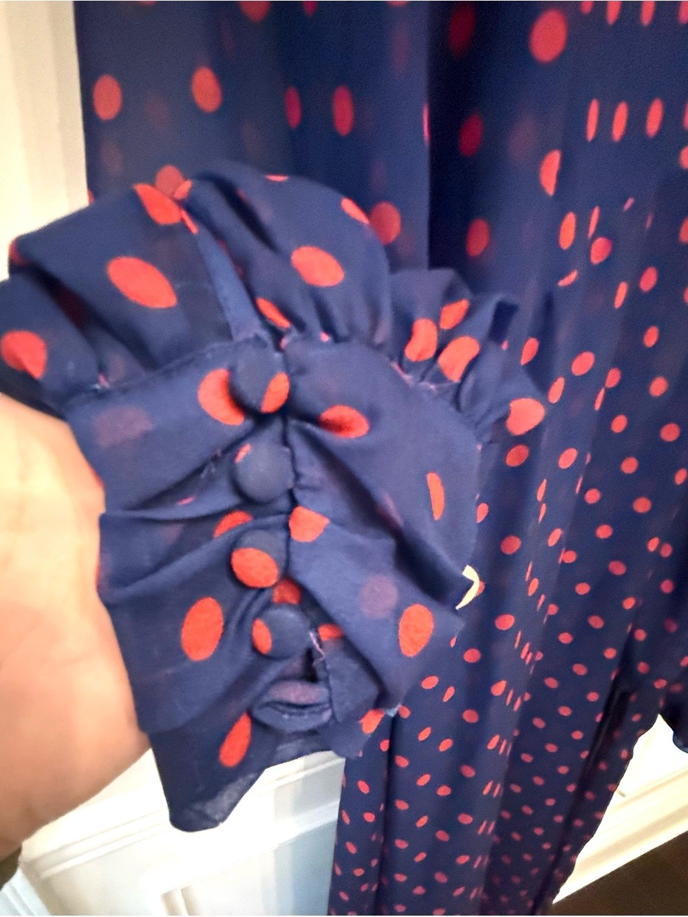 For Love & Lemons Navy Red Polka Dot Maxi Dress Puff Sleeve Side Slit M