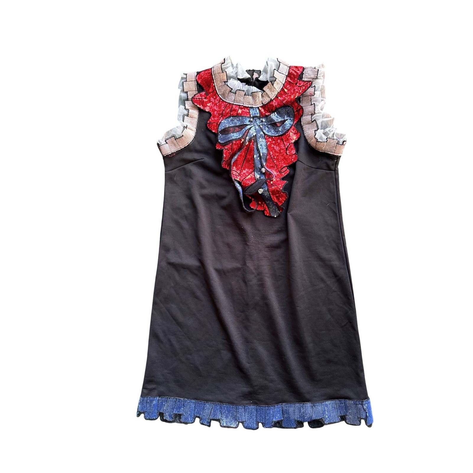 K-Fashion Sequin Bow Ruffle Shift Dress Black Red Blue Mini M