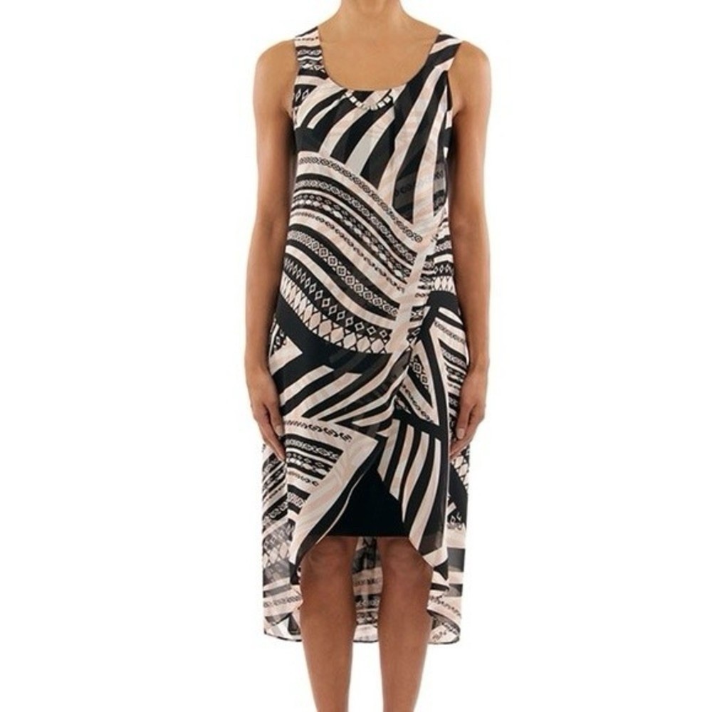 Joseph Ribkoff Nude Pink & Black Tribal Print Chiffon Midi Dress – UK 14