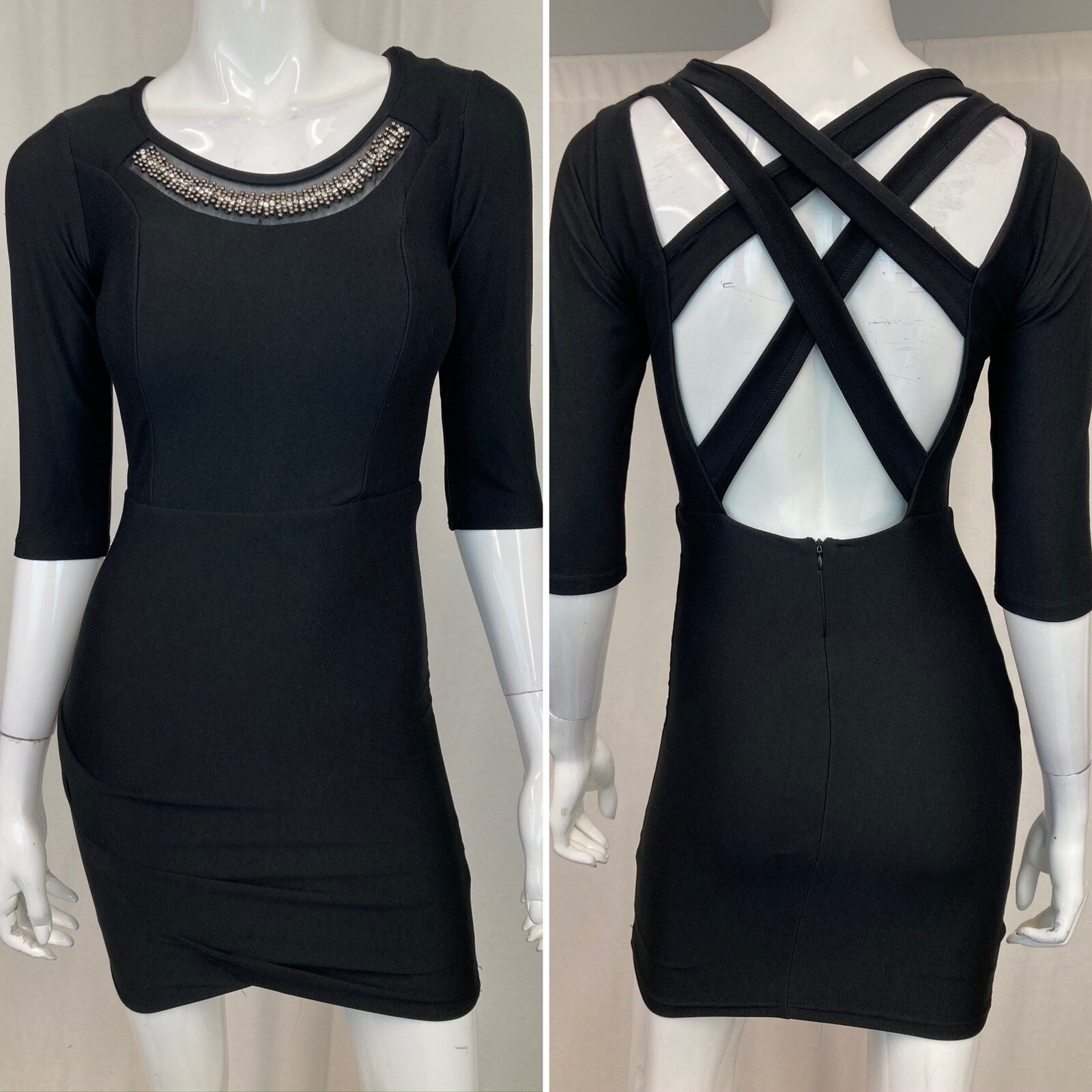Black Criss-Cross Back Emellished Small Bodycon Pencil Stretch LBD Tulip Dress