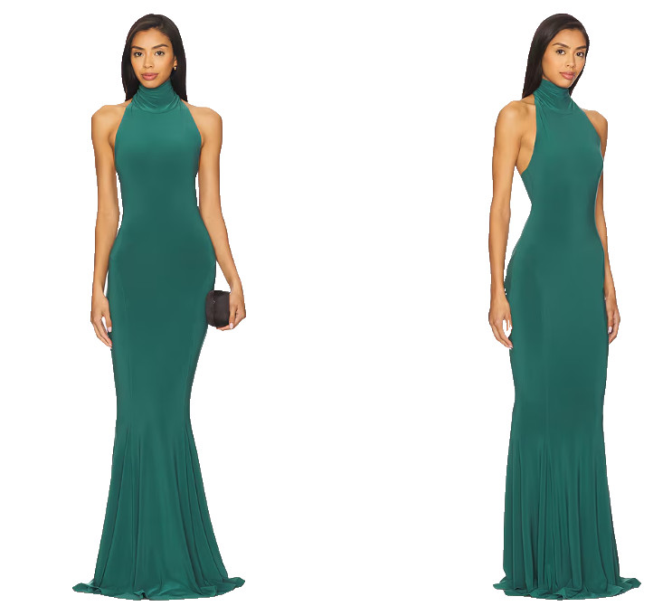 NORMA KAMALI Halter Turtle Fishtail Gown 4-Way Stretch S/36 green NWT $275msrp