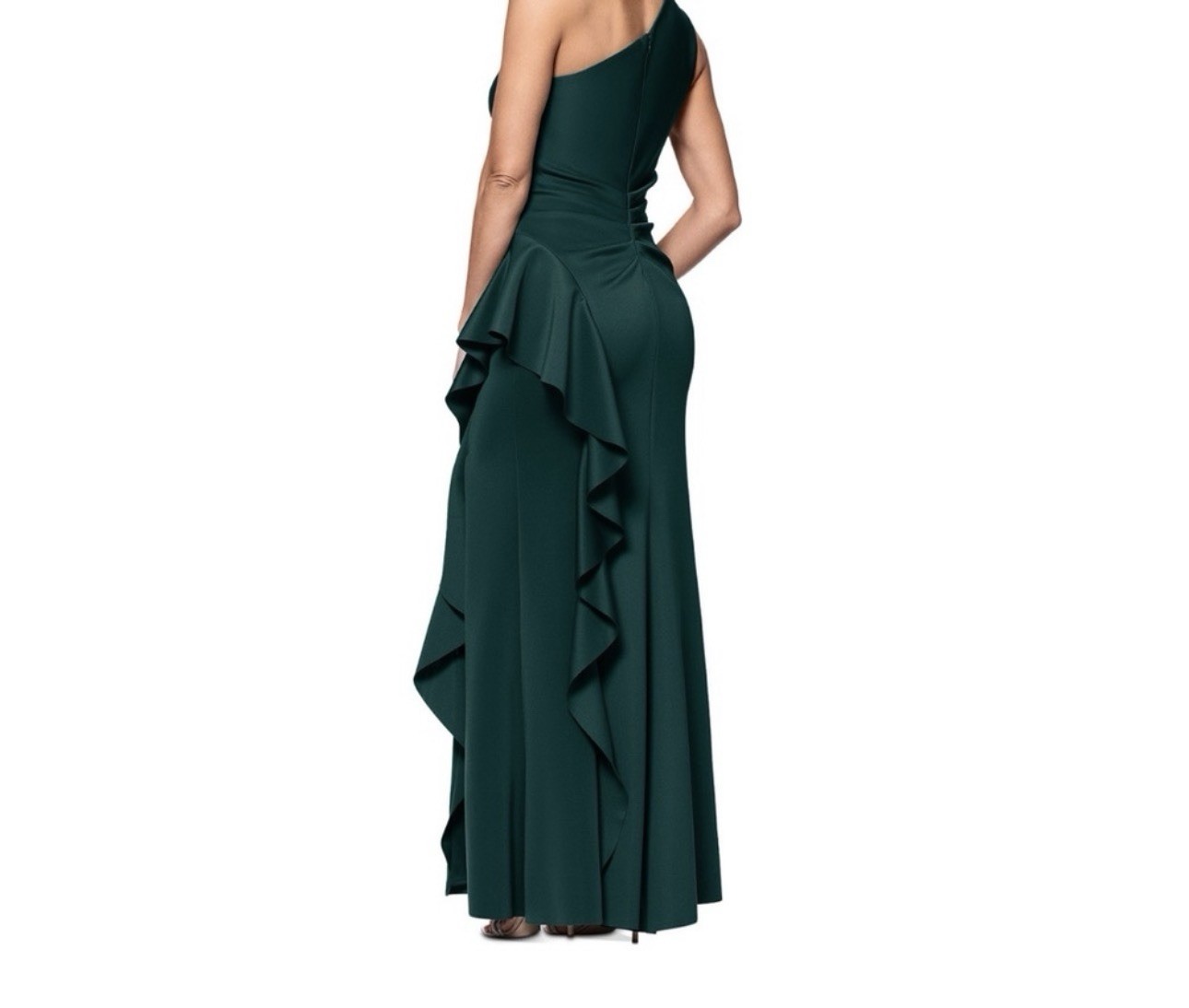 XSCAPE Green Knit One-Shoulder Ruffle Lined Maxi Dress Formal Party Size 14