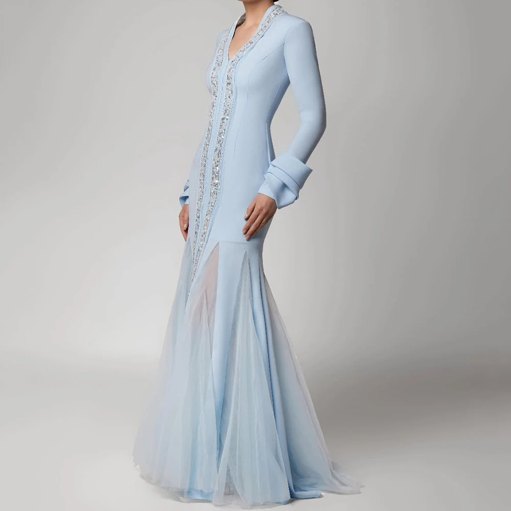 A-line mermaid long sleeved ball gown V-neck sequined Ruched lace evening dress