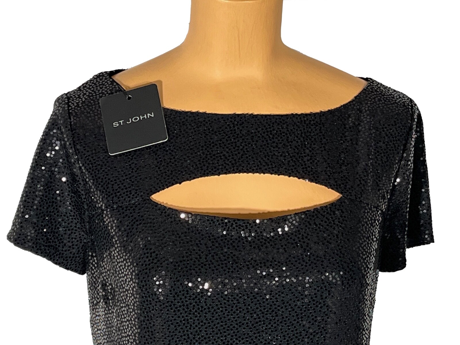 NWT ST. JOHN Knits Black Sequin Stretch Crepe Sheath Shift Dress sz 16 $1495