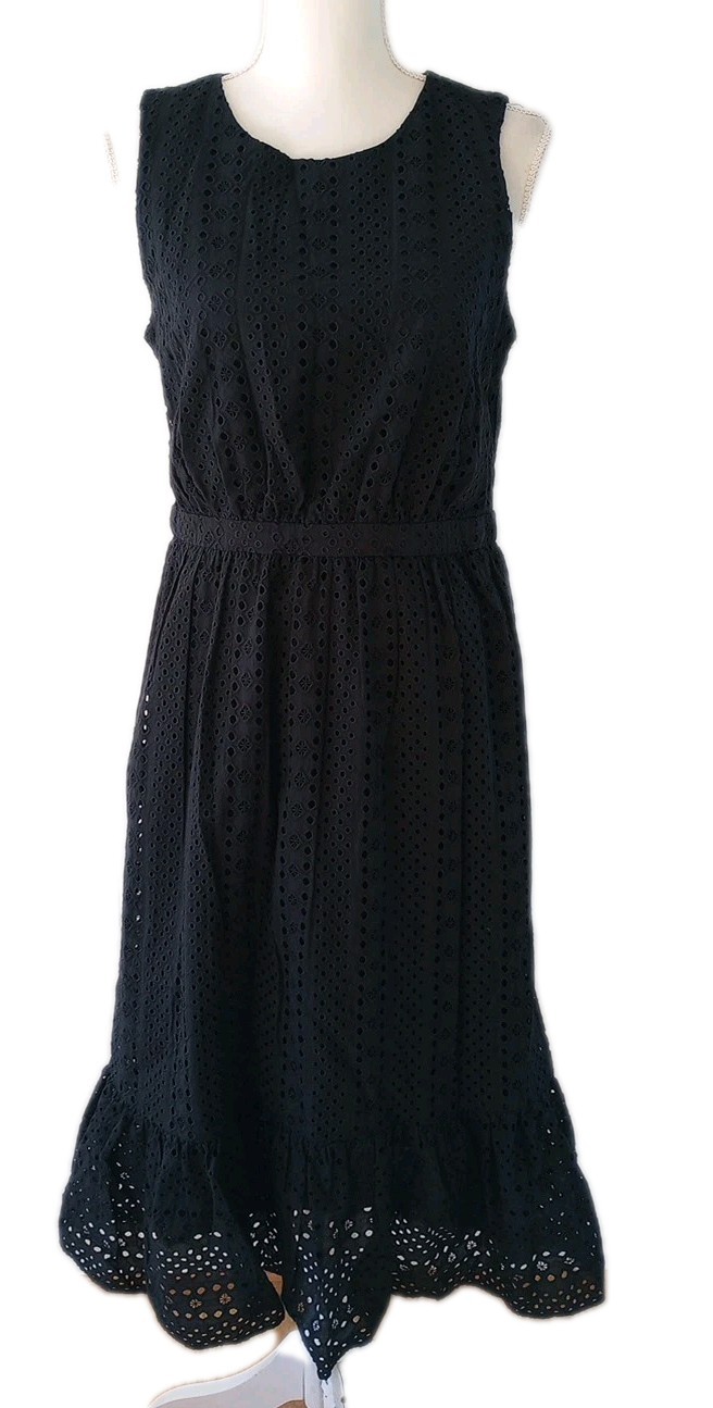 J.Crew Black Eyelet Dress Womens Size 6 Sleeveless Midi Classic Holiday Goth