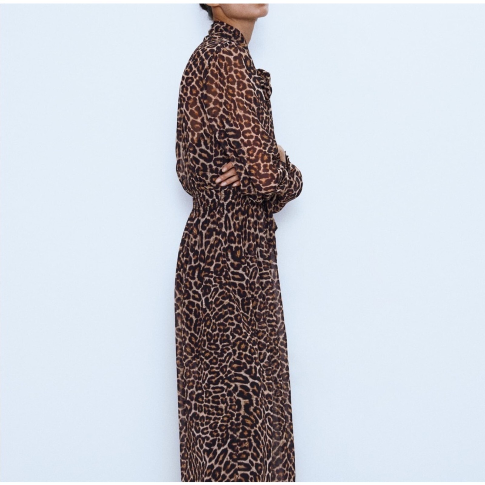 ZARA Cheetah Print Long Dress With Neck Tie Women’s Size XS