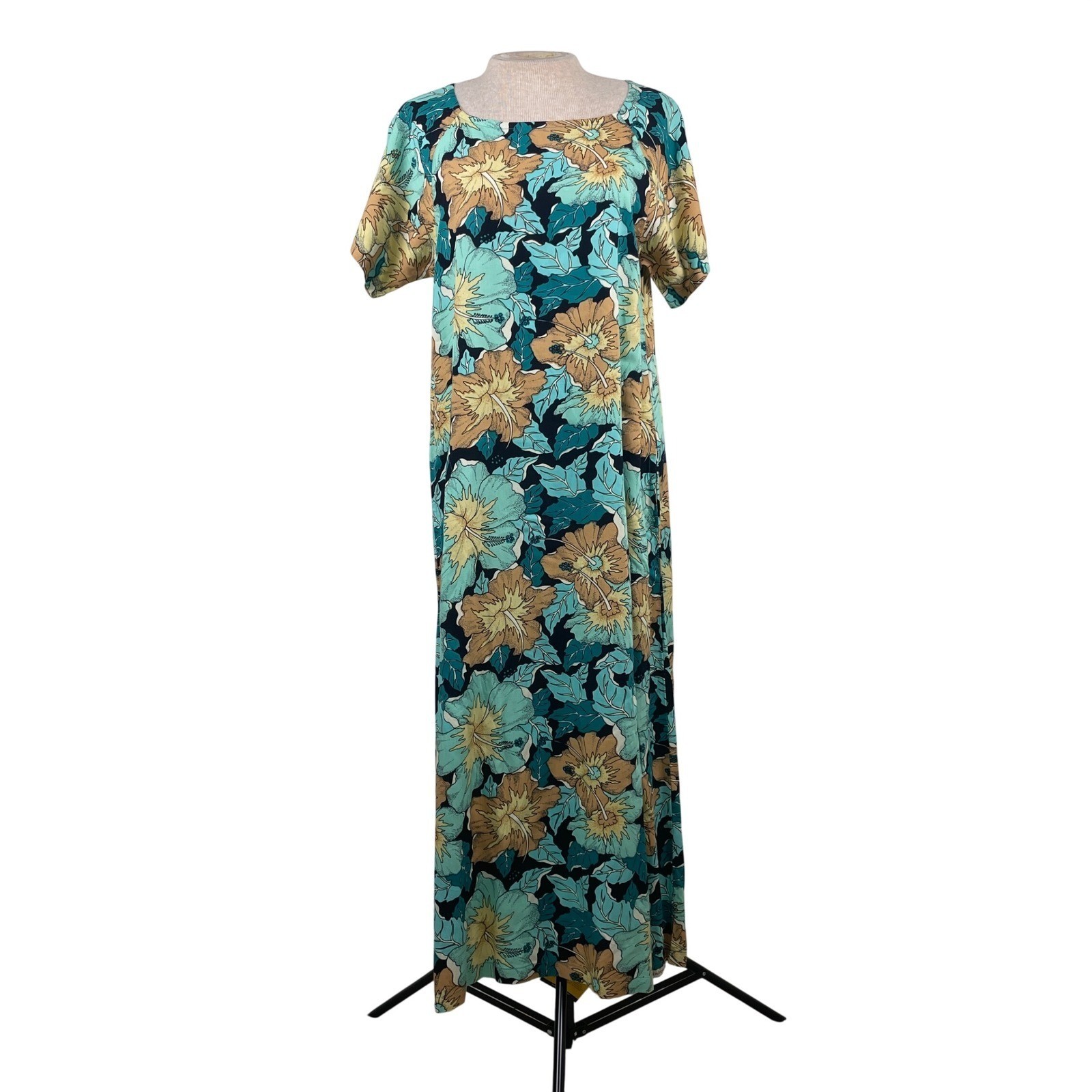 Rainbow Jo Maui Hawaii Womens Small Rayon Hibiscus Floral Maxi Dress Teal Tan