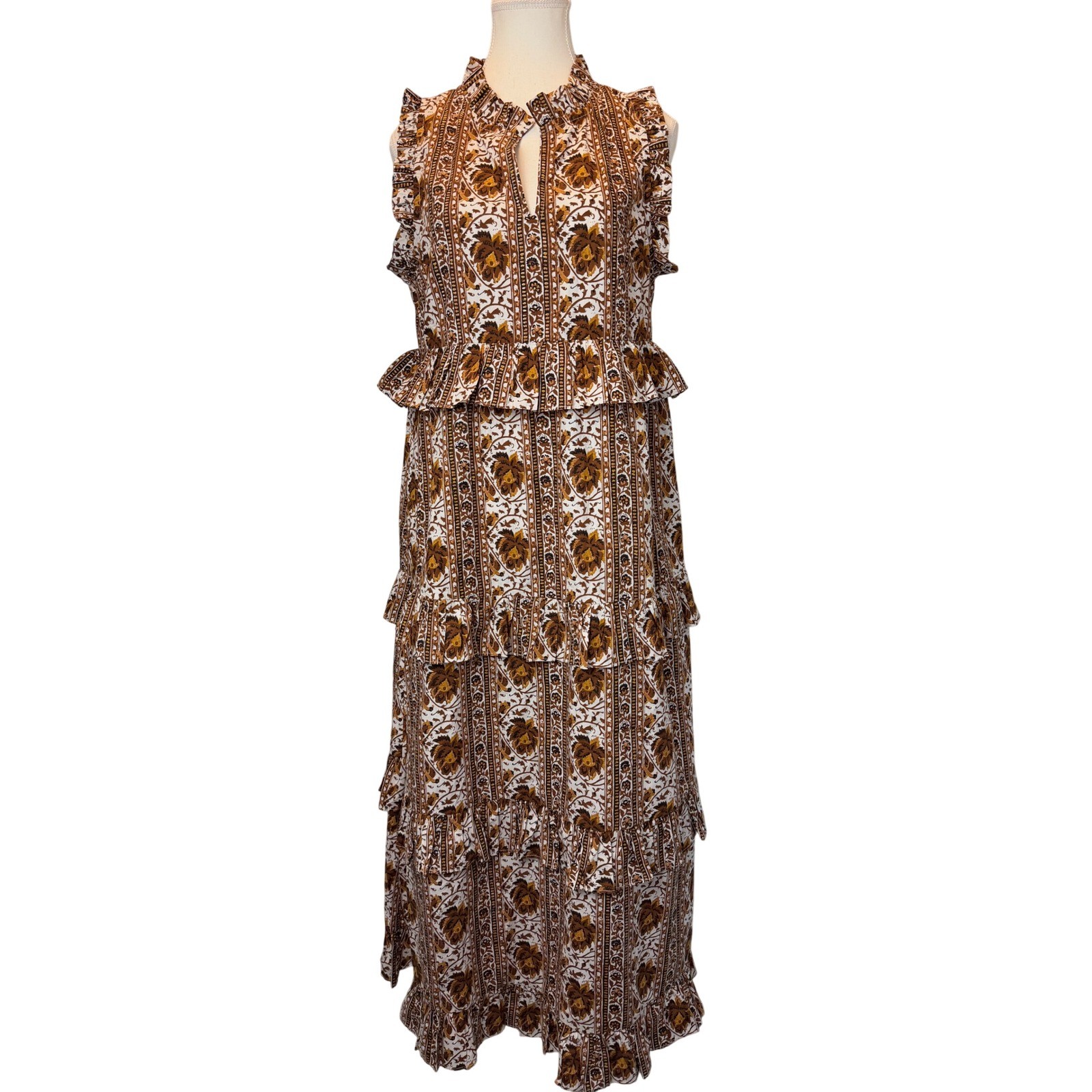Livro Women Brown Floral Block Print Cotton Tiered Ruffle Maxi Dress Small