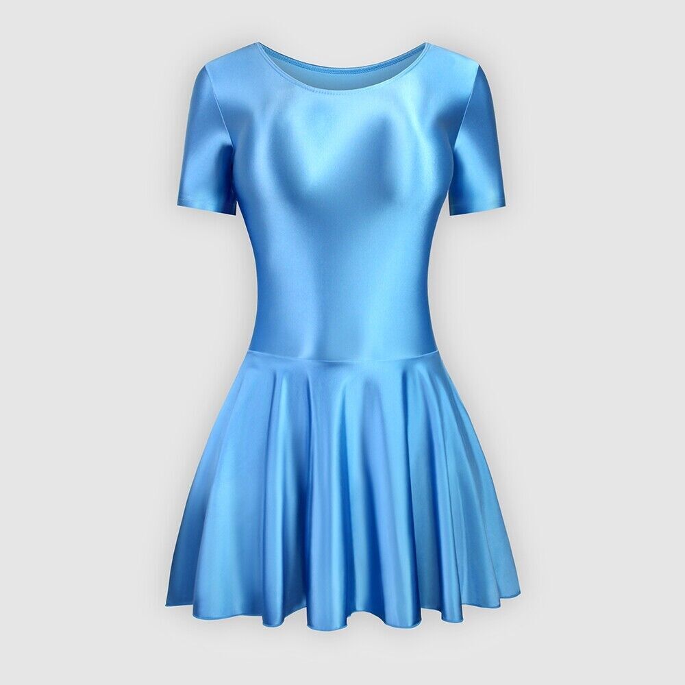 Women’s Sexy Oil Glossy Dresses Short Sleeve Tights Sports Yoga Skirts Bodysuits