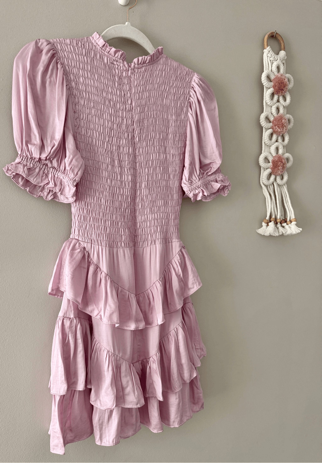 Olivaceous Smocked Tiered Ruffle Mini Dress Satin Pink Size Small NEW