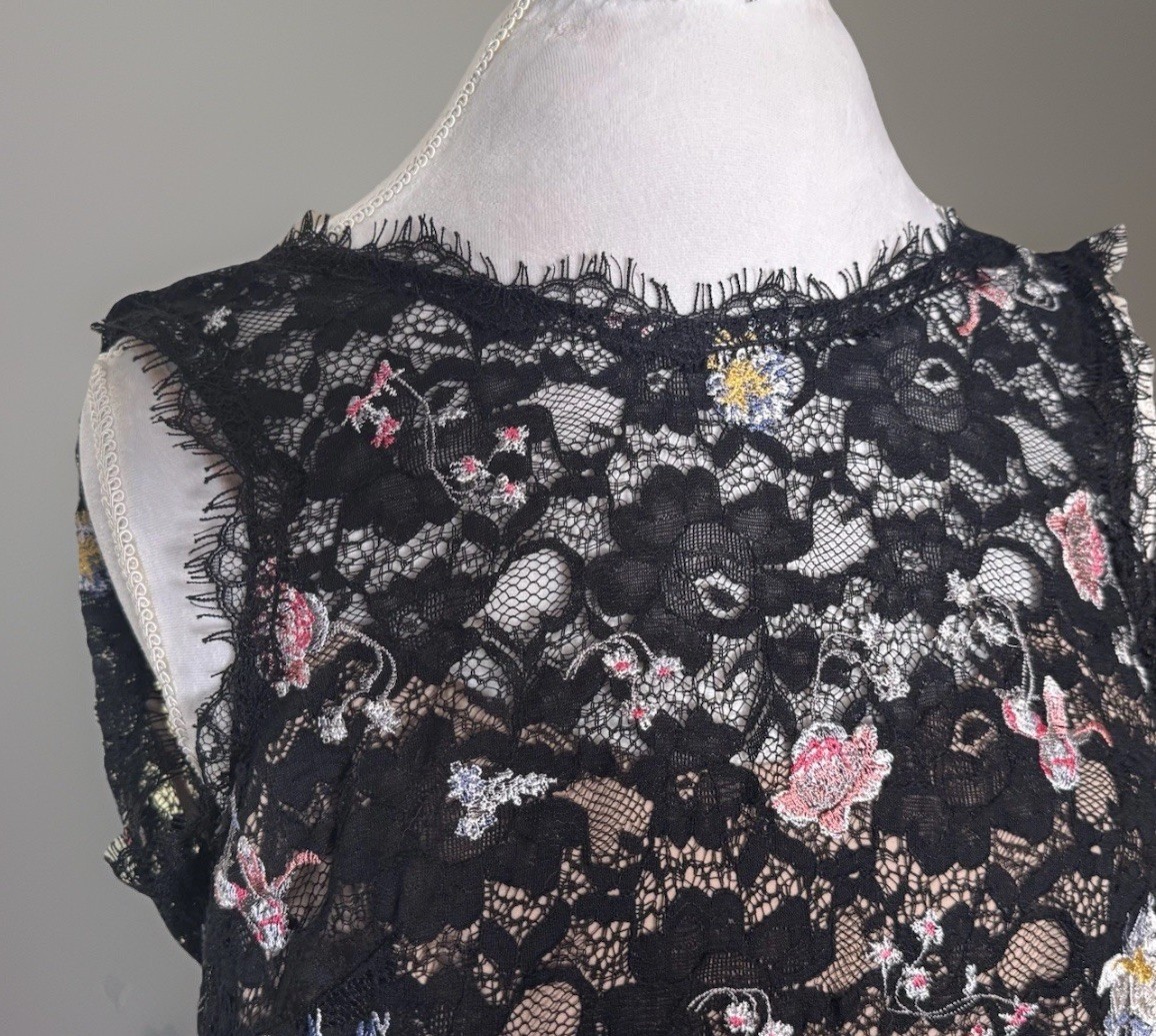 BCBGMaxazria Black Lace Bodycon Dress | Diame |Floral Embroidery | Dark Romance